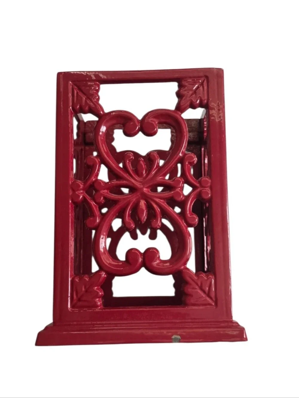 3 Pc Red Cast Iron Kitchen Set Utensil Holder Trivet Spoon Rest Scrollwork